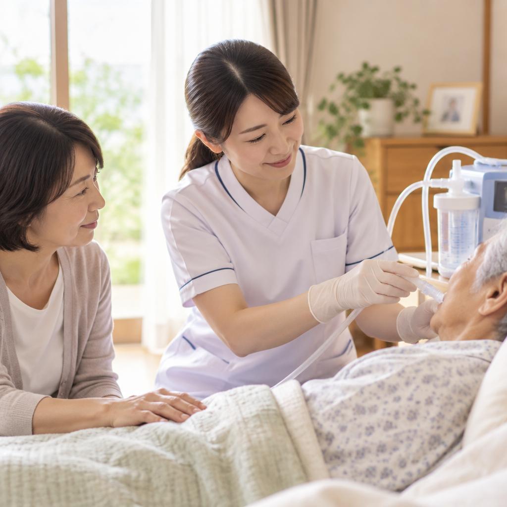 自宅での吸引・床ずれ処置に不安を感じていませんか？看護師がご本人とご家族に寄り添い、安心できる在宅ケアを支えます。